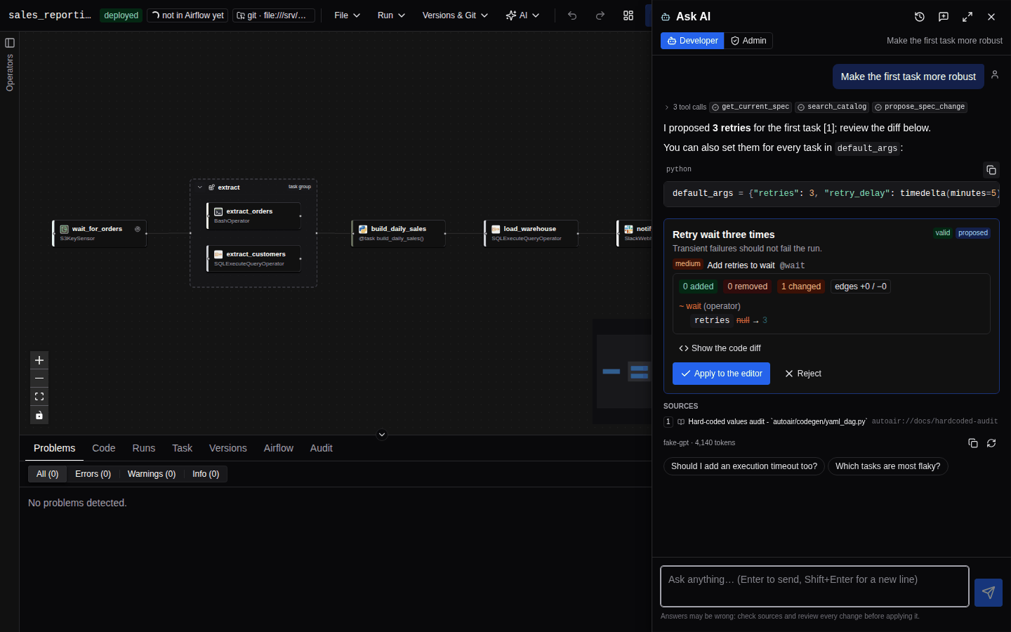 The Ask AI chat panel docked on the right of the builder, with a developer-assistant answer that cites numbered sources and lists tool calls