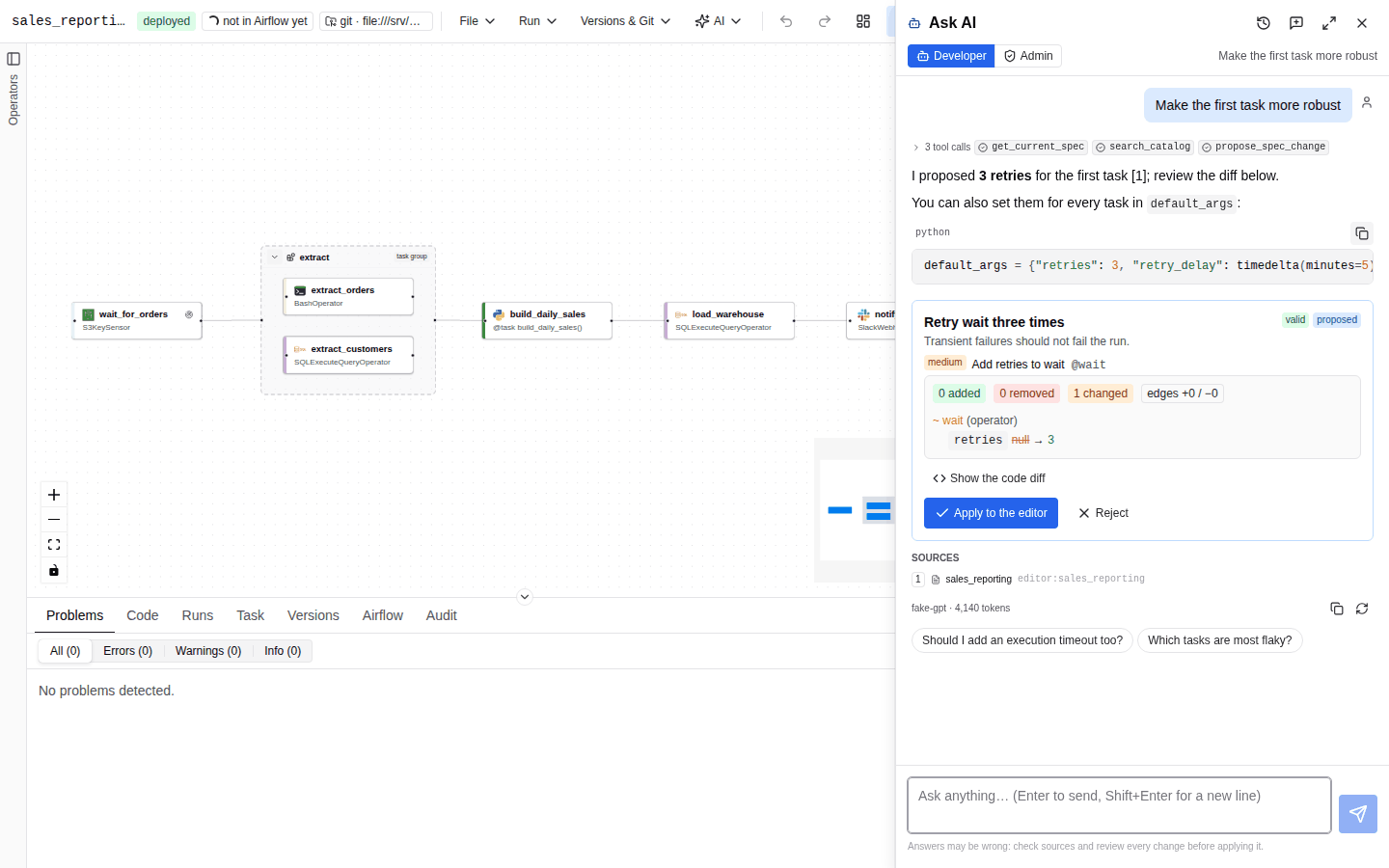 The Ask AI chat panel docked on the right of the builder, with a developer-assistant answer that cites numbered sources and lists tool calls