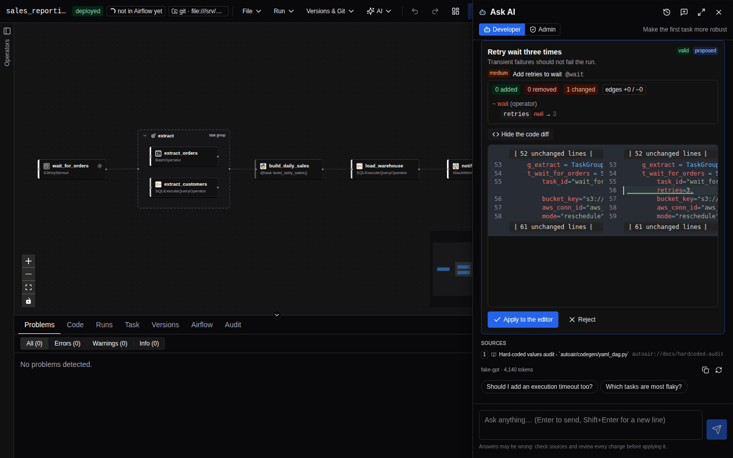 A proposal card in the chat panel showing the structured spec diff of the proposed change, its validation state, and the Apply to the editor, Deploy and Reject buttons