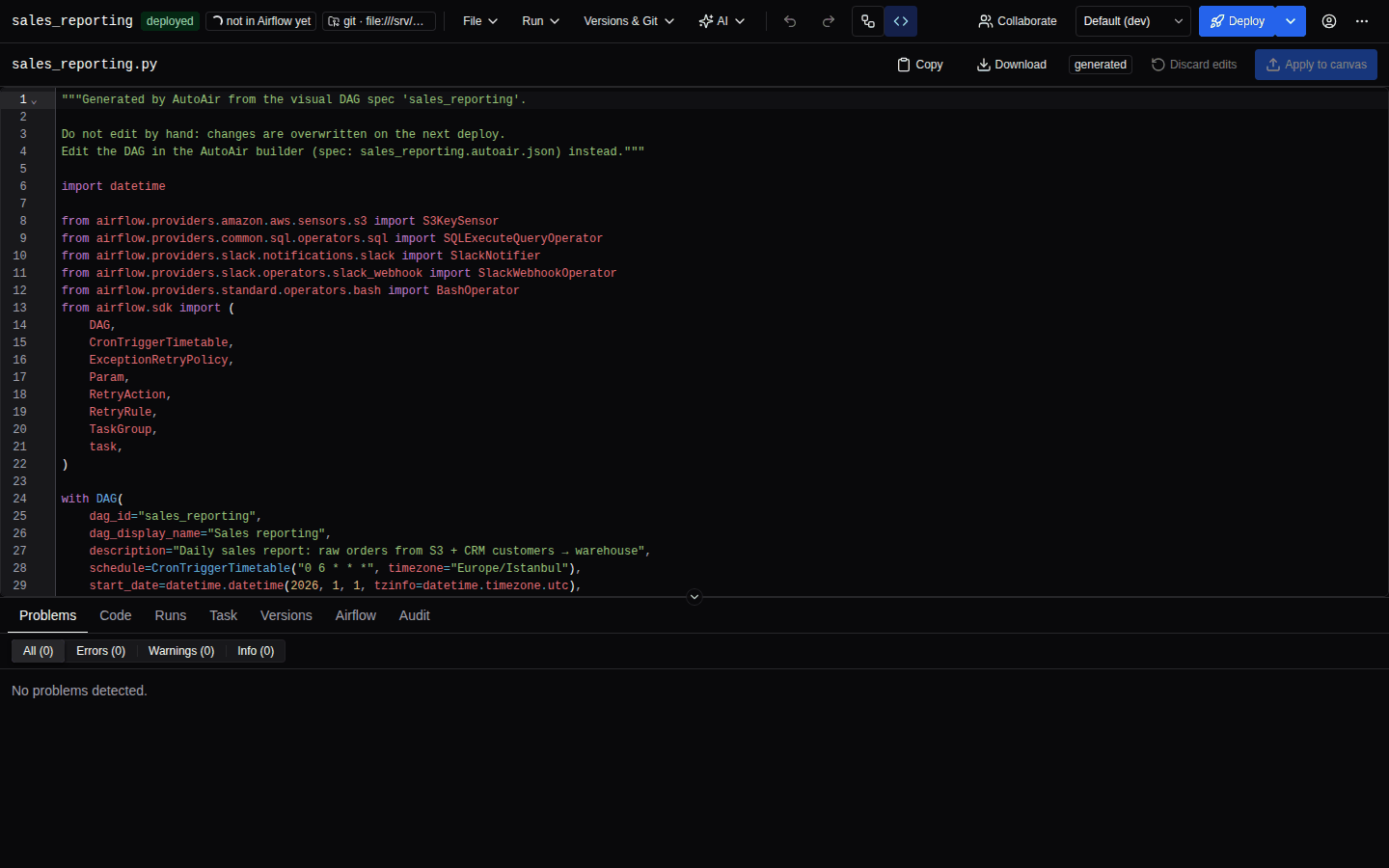 Code mode: the generated DAG file in a full-height editor, with the draft status badge, Discard edits and Apply to canvas buttons, and the sync panel listing what applying will change