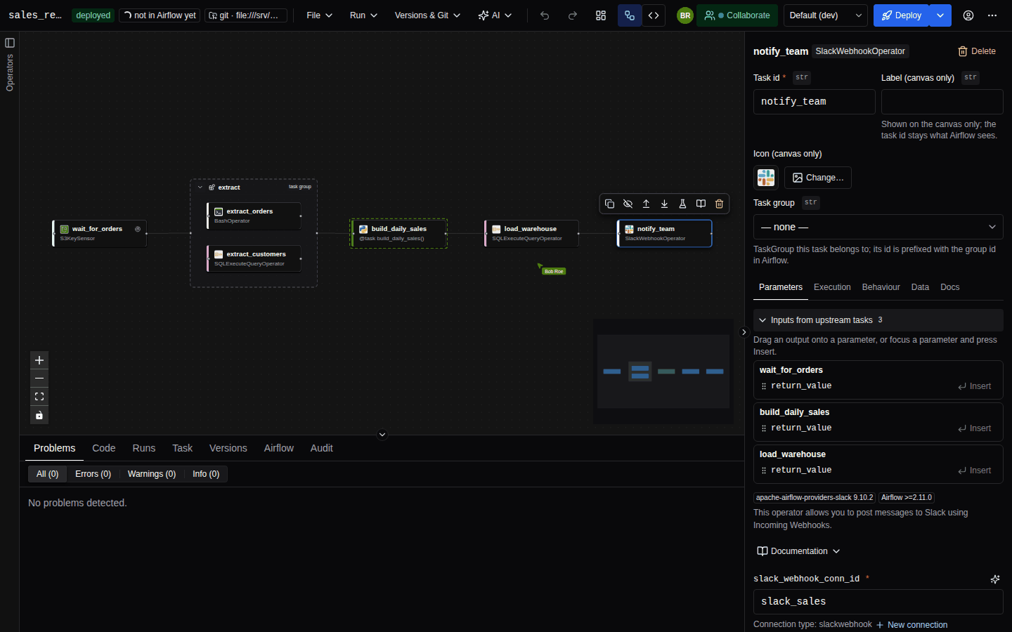 The DAG editor with two peer avatars in the toolbar, a remote cursor labelled with a collaborator's name and a dashed coloured border around a node another user has selected