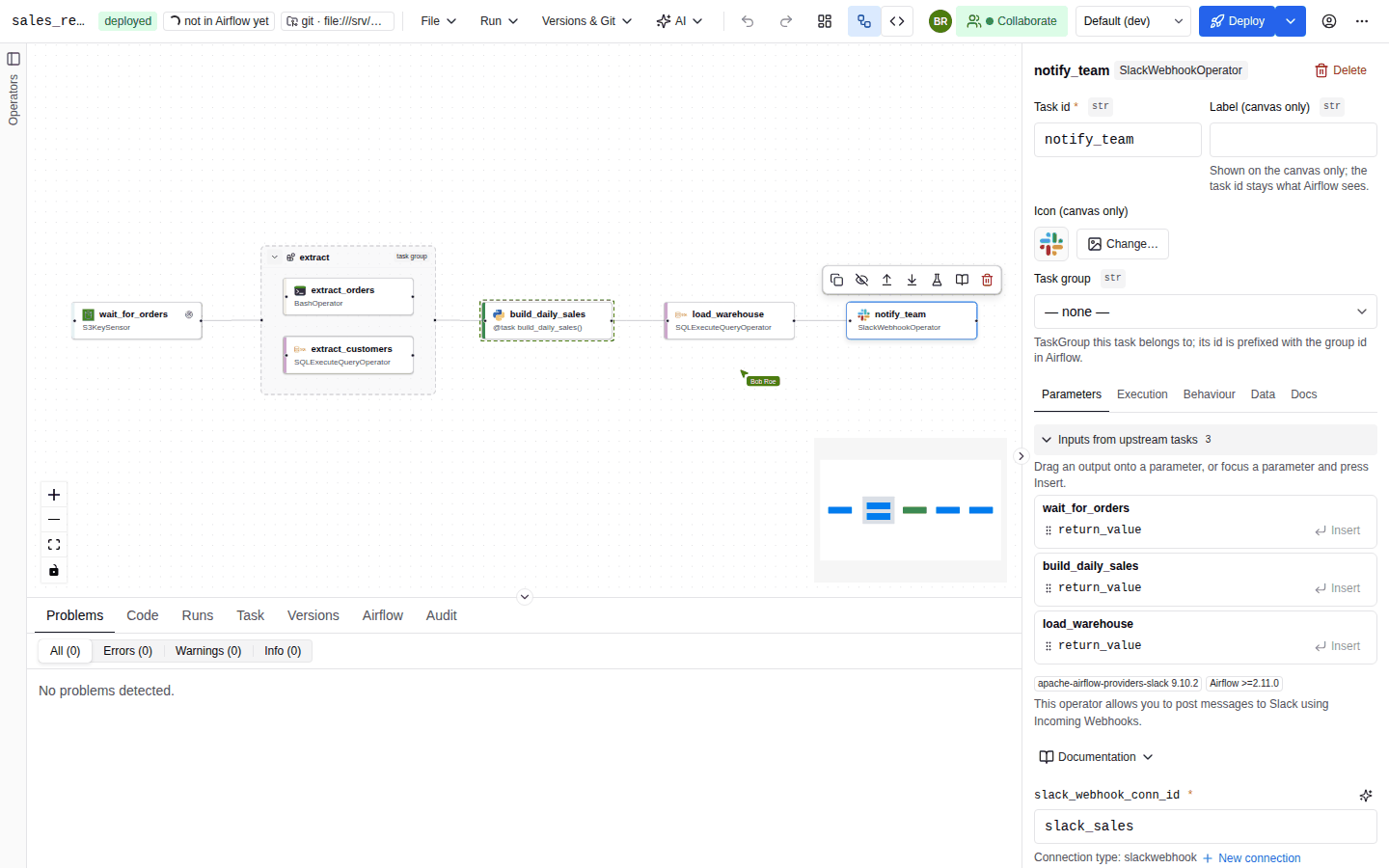 The DAG editor with two peer avatars in the toolbar, a remote cursor labelled with a collaborator's name and a dashed coloured border around a node another user has selected