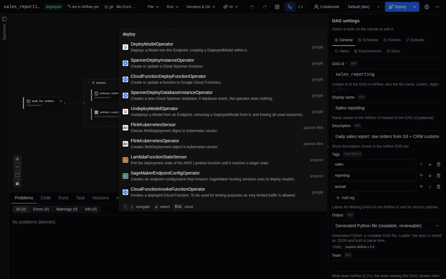 The command palette with a search typed, listing matching commands with their group and shortcut, then built-in nodes and operators