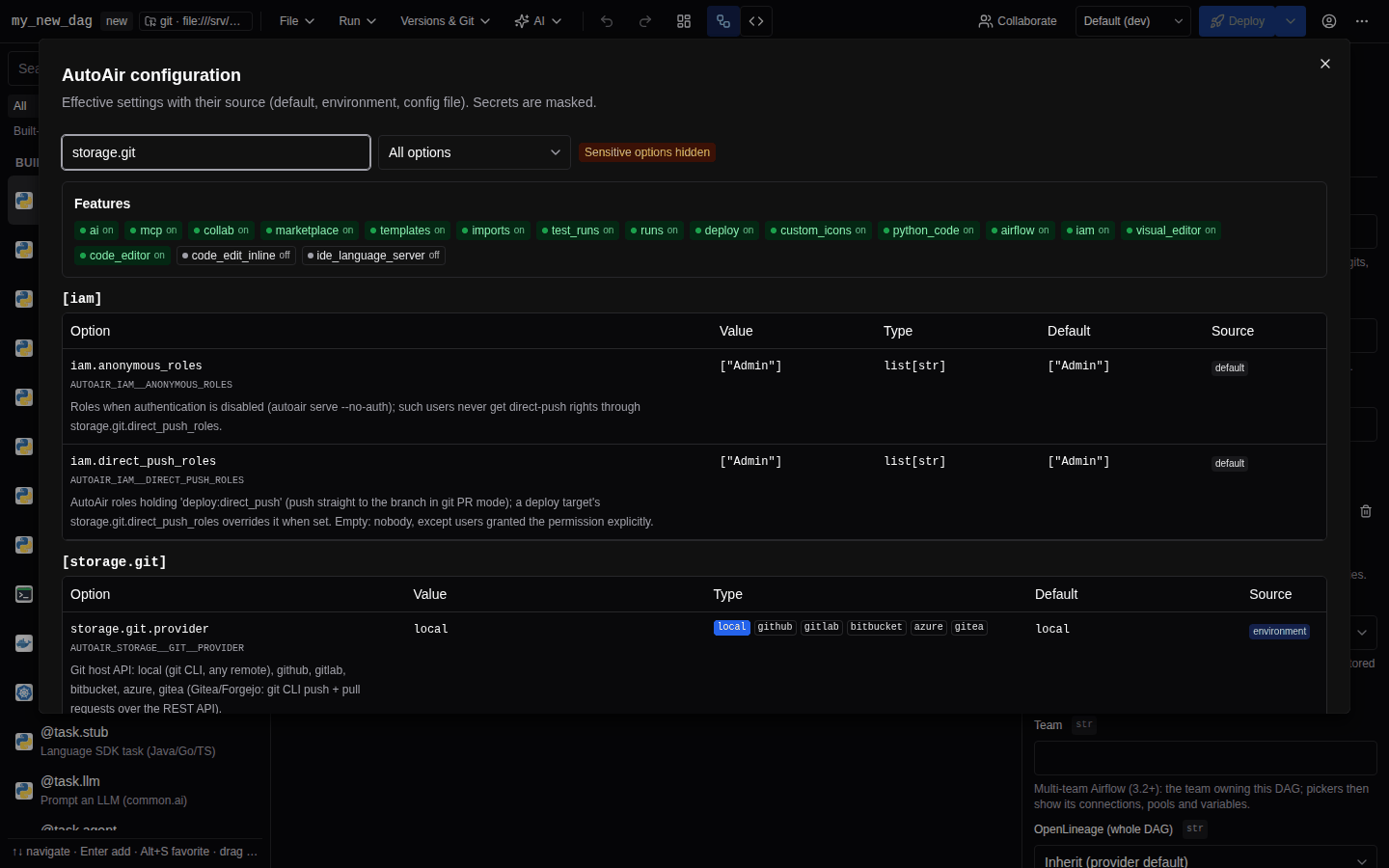 The AutoAir configuration dialog: a search box, an 'All options' filter, the Features summary with on/off badges, and per-section tables with Option, Value, Type, Default and Source columns