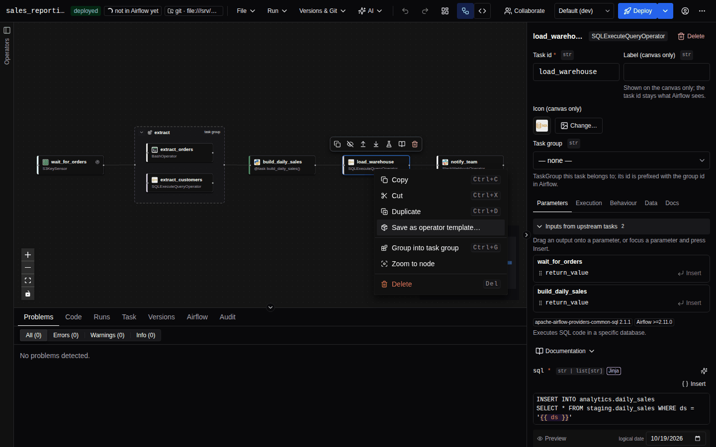 The canvas context menu open on a task, with Copy, Cut, Duplicate, Group, Zoom to node and Delete