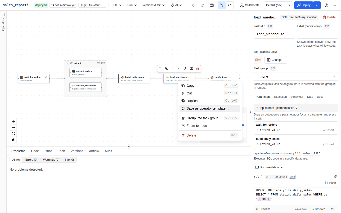The canvas context menu open on a task, with Copy, Cut, Duplicate, Group, Zoom to node and Delete