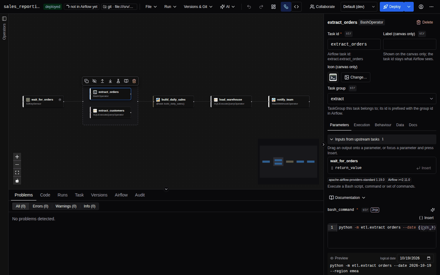 The Parameters tab of an operator: provider badge, documentation toggle, required parameters with red asterisks, type badges, a Jinja badge on templated fields and the more parameters toggle