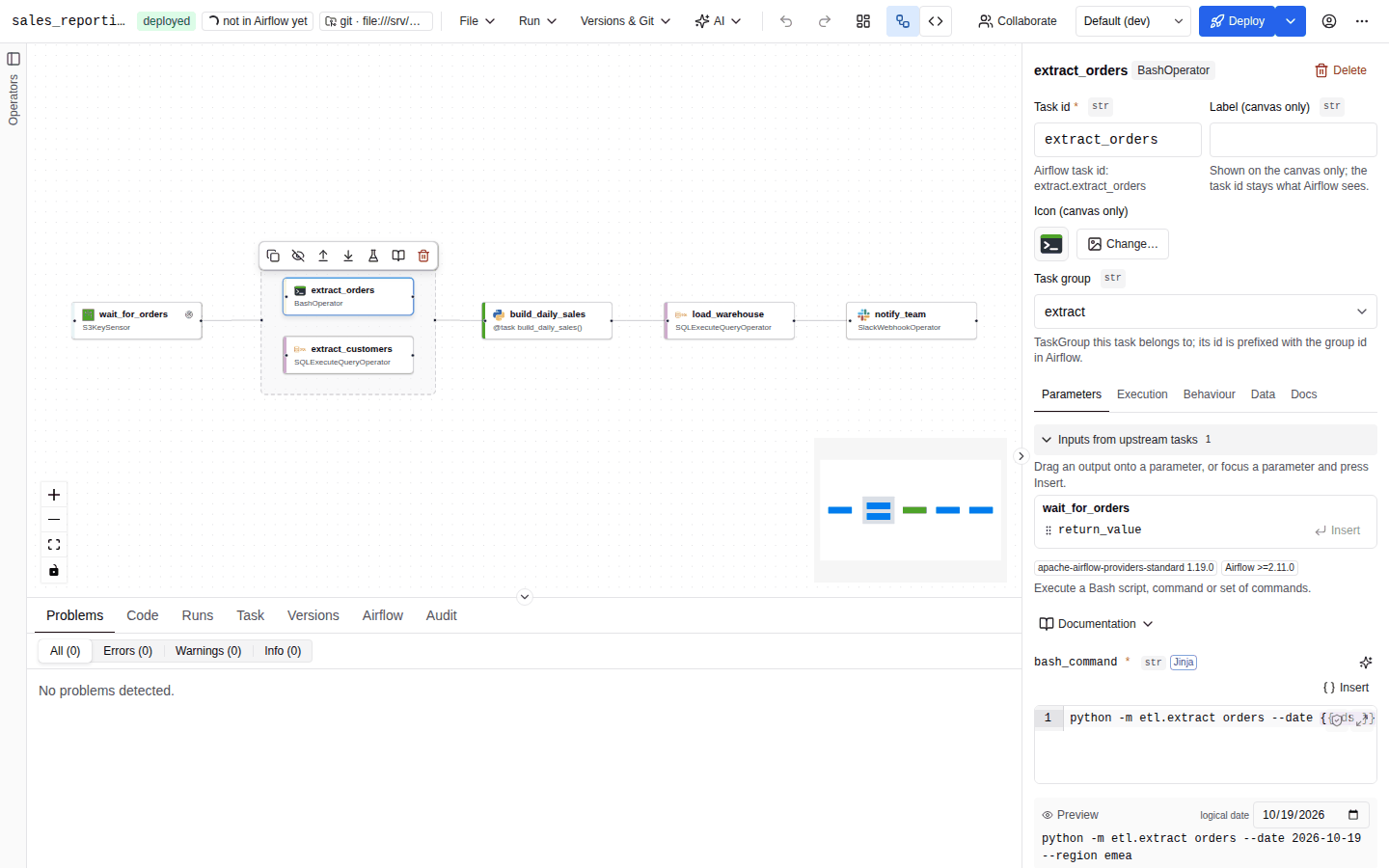 The Parameters tab of an operator: provider badge, documentation toggle, required parameters with red asterisks, type badges, a Jinja badge on templated fields and the more parameters toggle