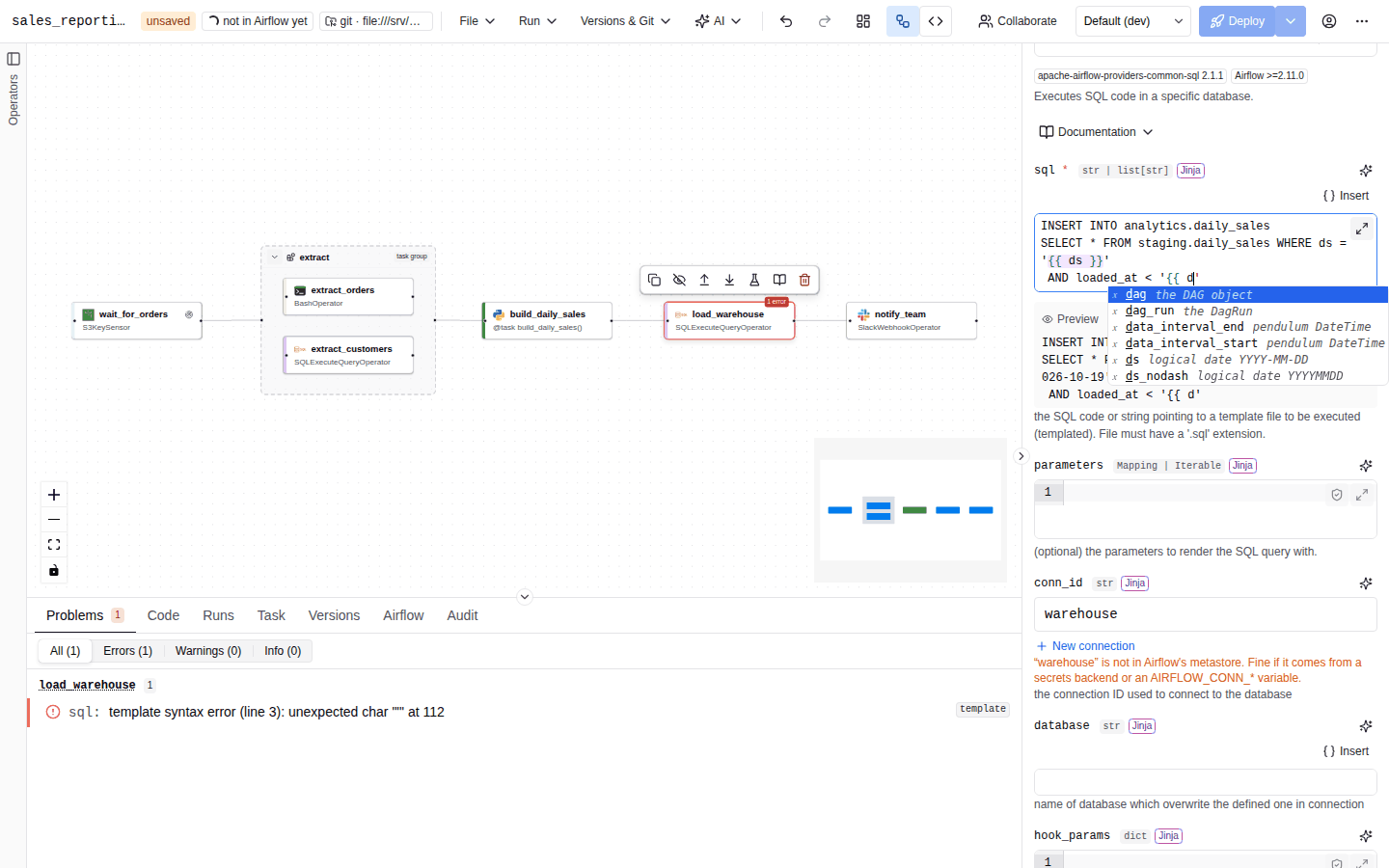 A templated bash_command field with the completion list open after typing macros., showing ds_add, ds_format, datetime and timedelta, and the live preview under the field