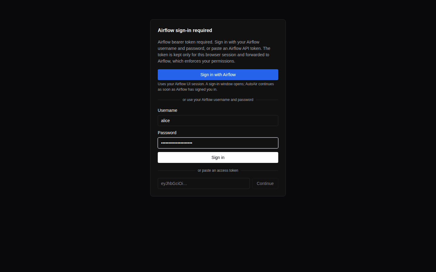 The AutoAir sign-in panel in standalone mode with the Sign in with Airflow button, the Username and Password form and the Access token field