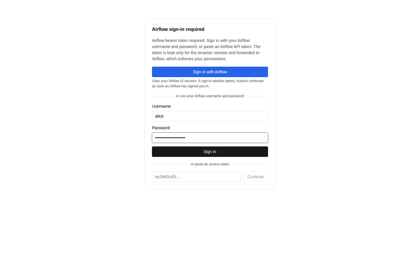 The AutoAir sign-in panel in standalone mode with the Sign in with Airflow button, the Username and Password form and the Access token field