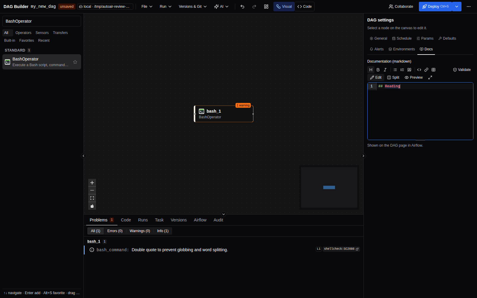 The DAG Docs tab with the Markdown editor: formatting toolbar, Edit, Split and Preview buttons and the editor