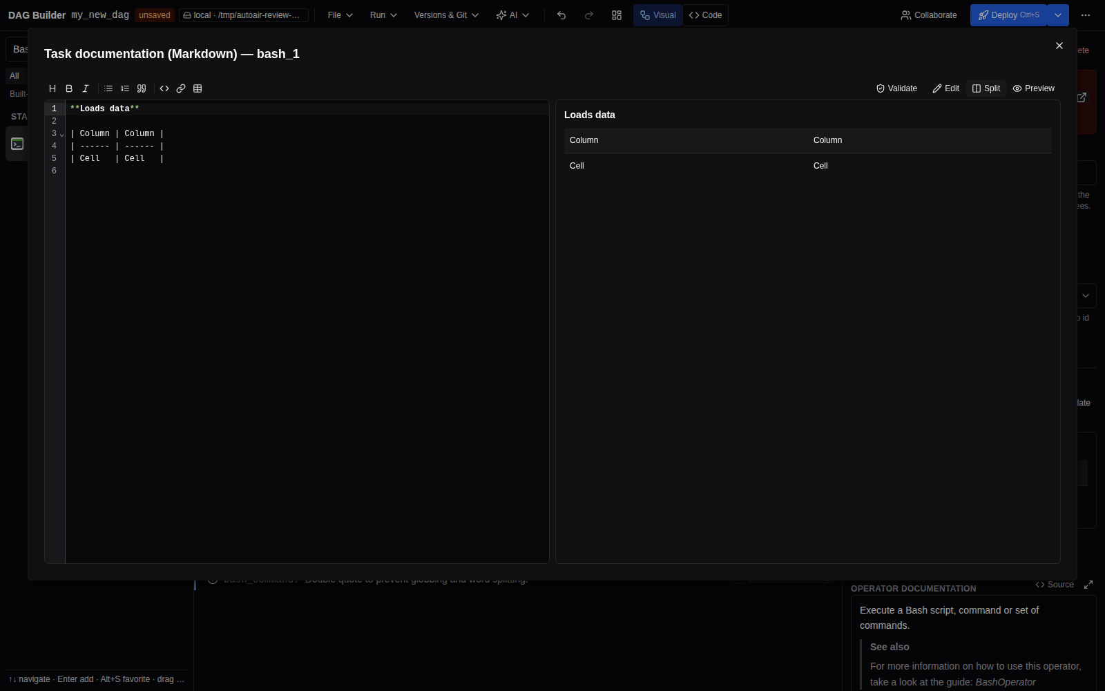 The Markdown editor in full screen with the formatting toolbar and the side-by-side preview