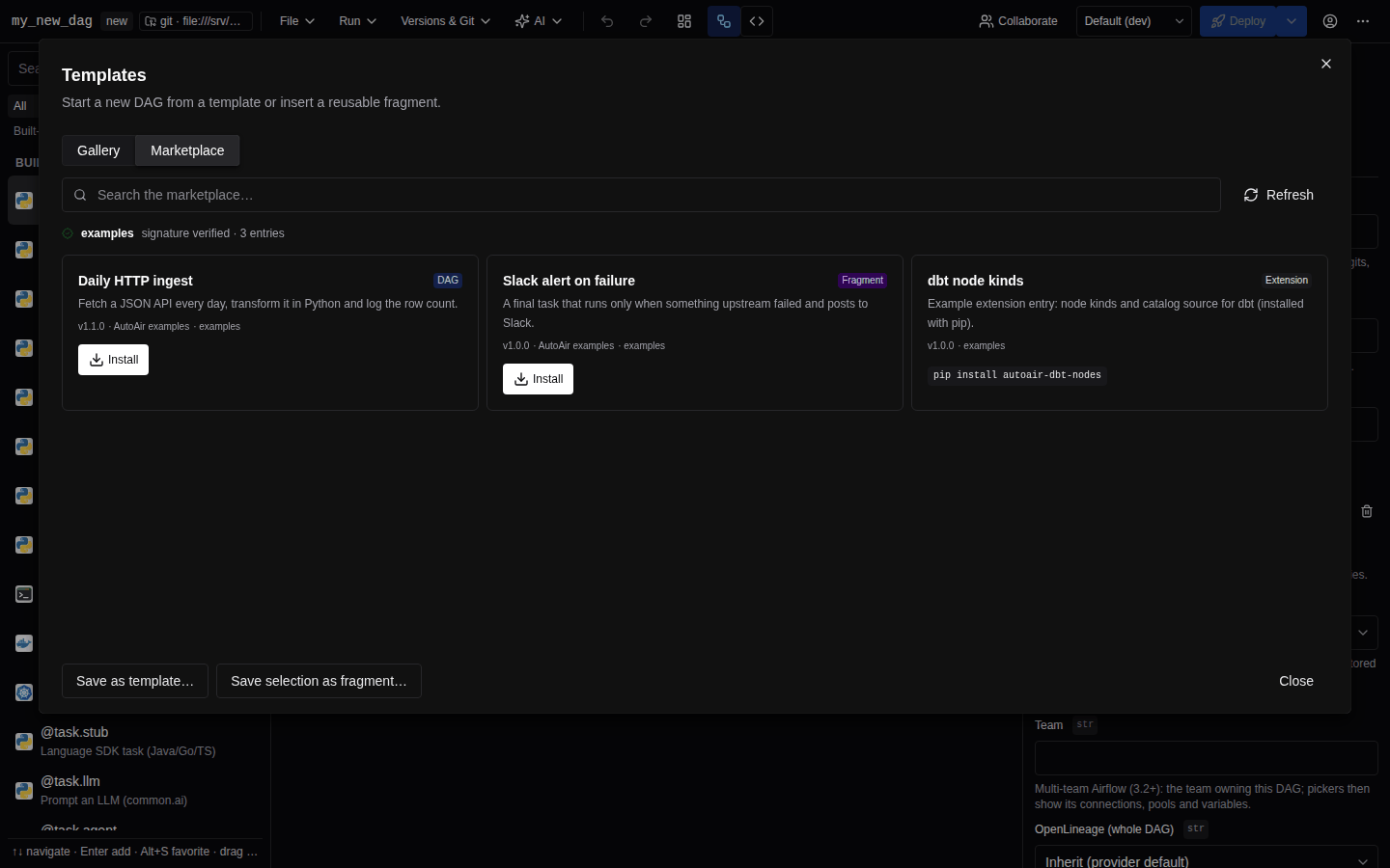 Templates dialog with the marketplace tab listing verified entries from a signed source, each with an install button