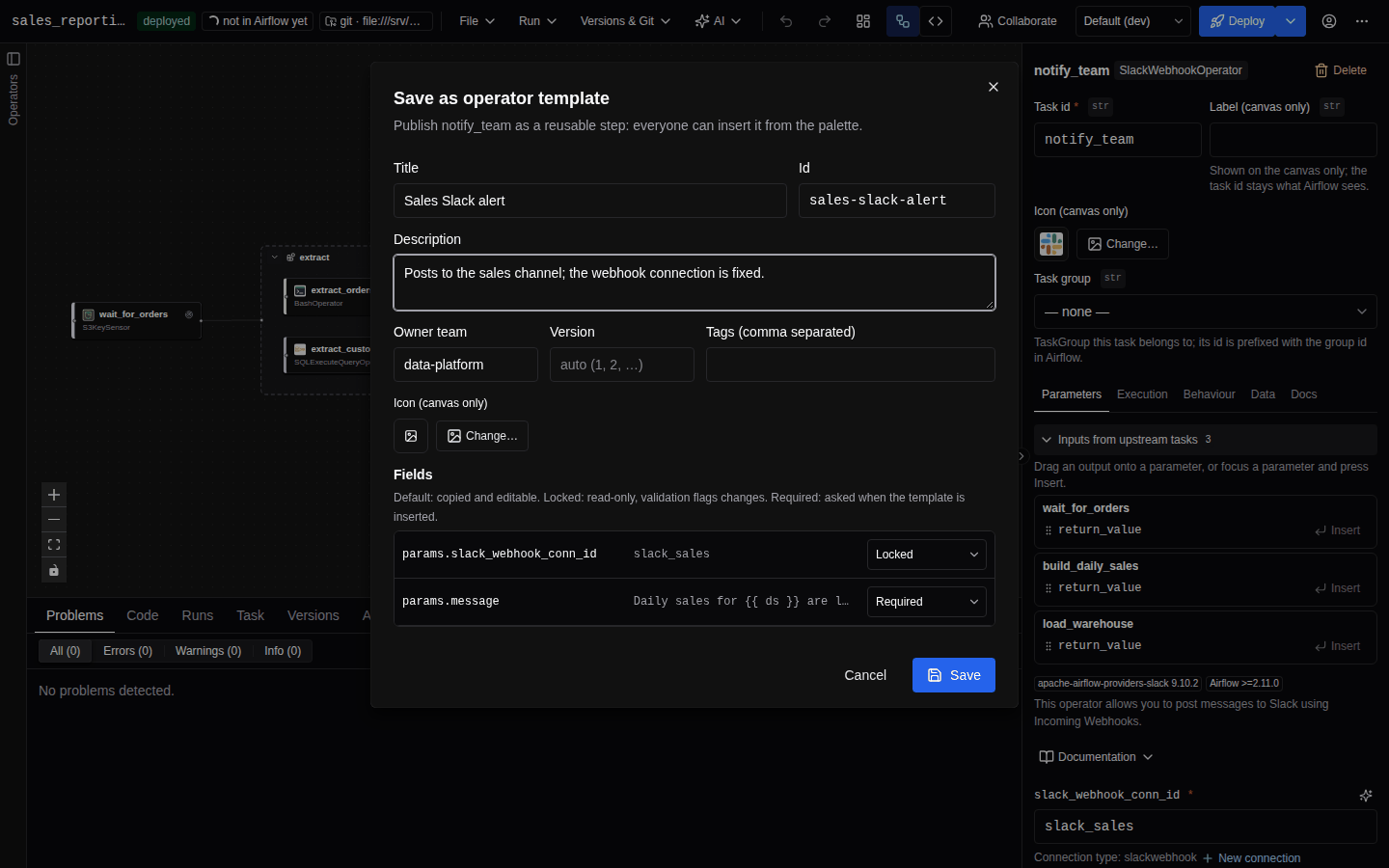 The Save as operator template dialog listing a task's configured fields, each with a Default, Locked or Required mode selector