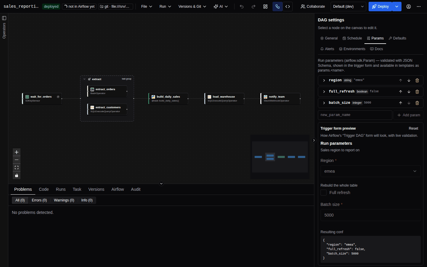 The Params tab: a list of params with their types, one param expanded with type checkboxes, default, title, section, description and format, and the trigger form preview below