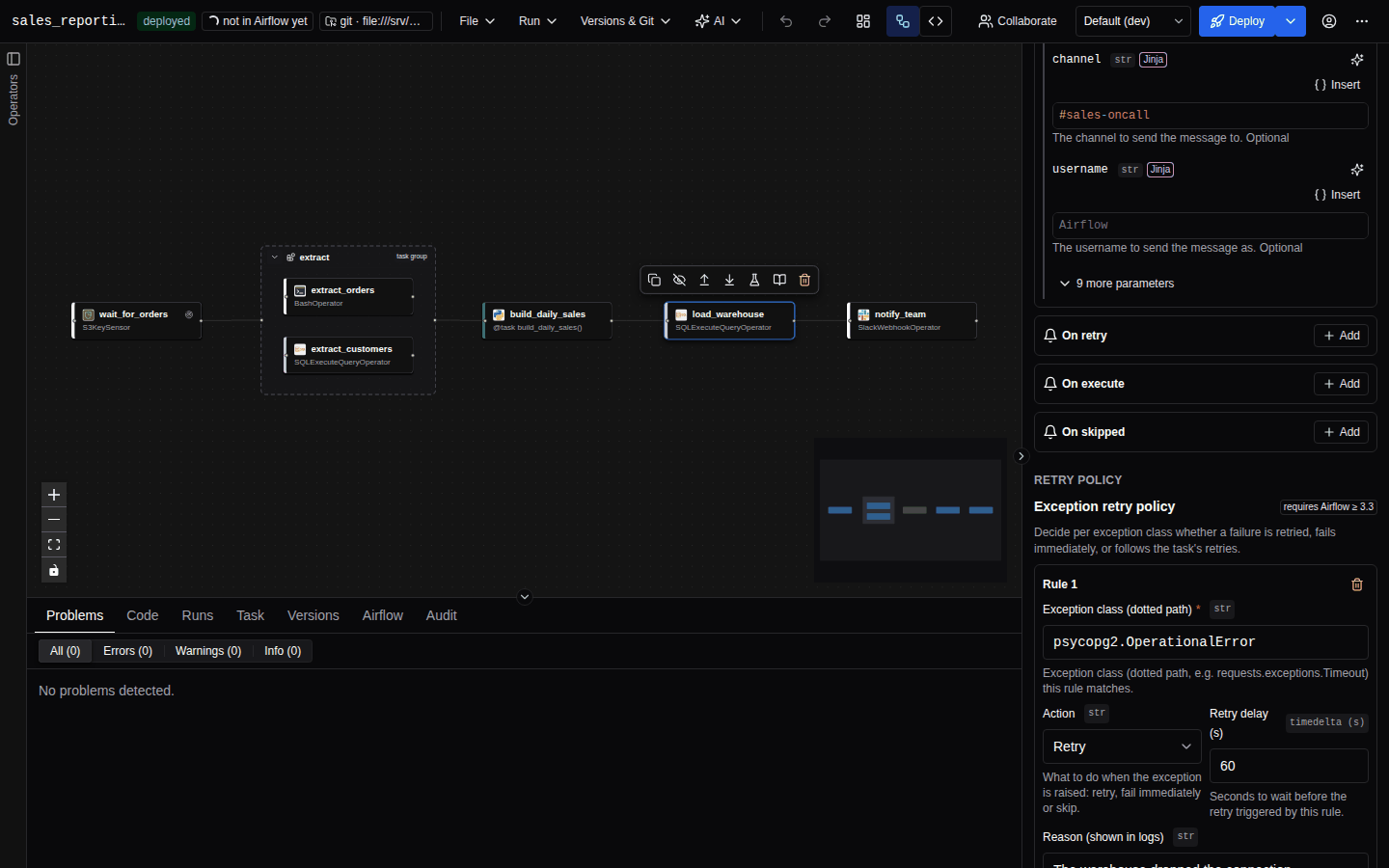 The Behaviour tab of a task: callbacks per event with a SlackNotifier configured, and an exception retry policy with two rules