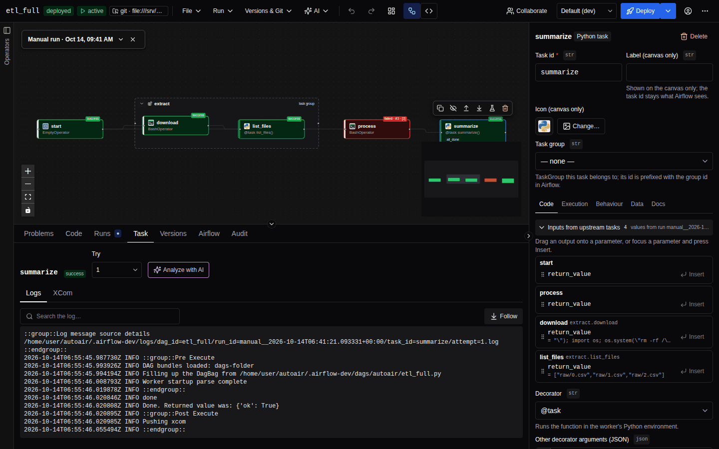 The Task tab showing a task's log with a search field, a try selector, a Follow toggle and an XCom sub-tab