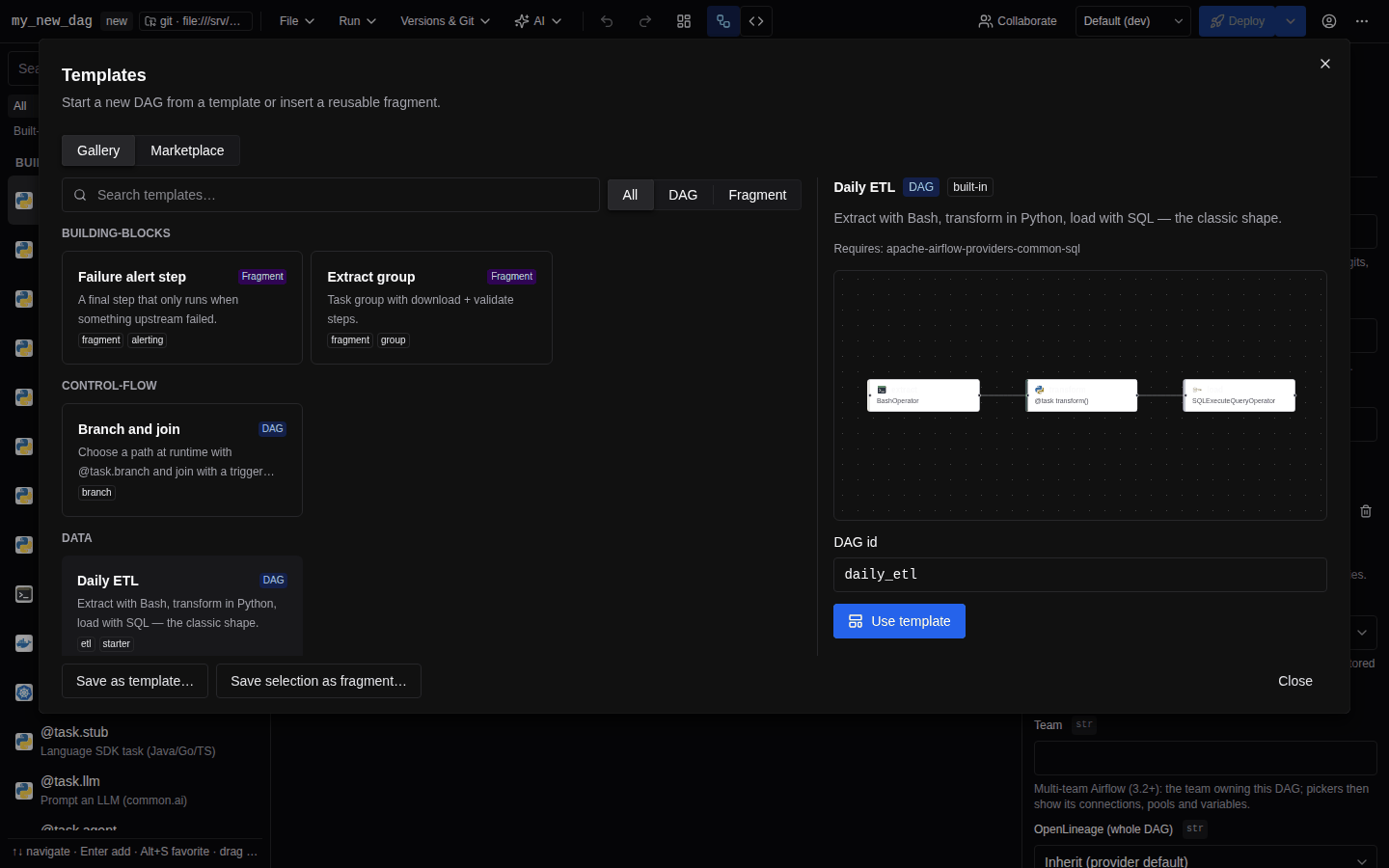 The Templates dialog with a search box, a kind filter, template cards grouped by category and a graph preview of the selected template