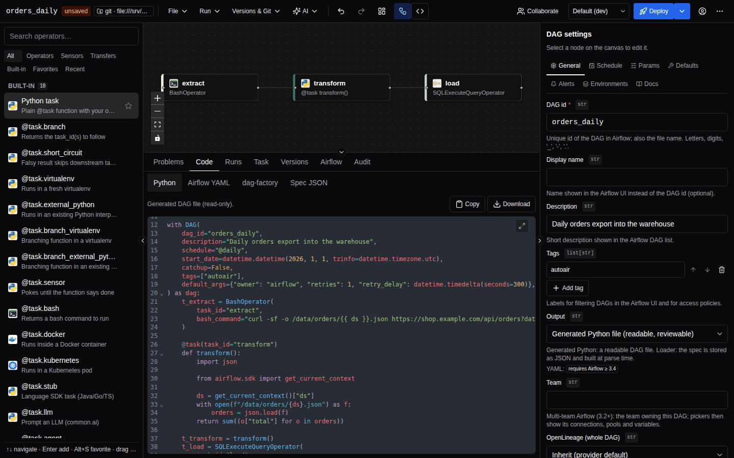 The Code tab of the bottom panel showing the generated orders_daily Python DAG file