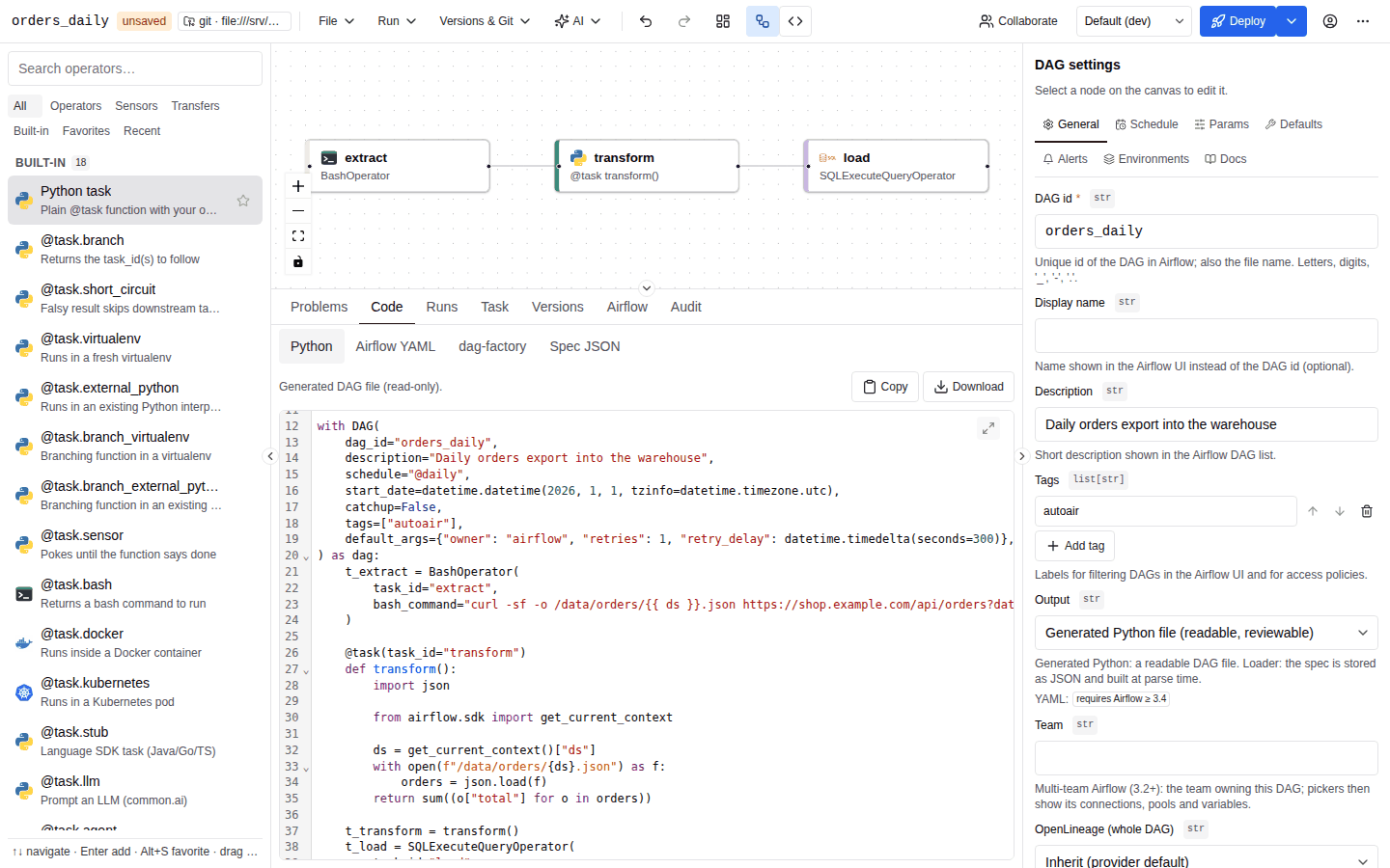The Code tab of the bottom panel showing the generated orders_daily Python DAG file