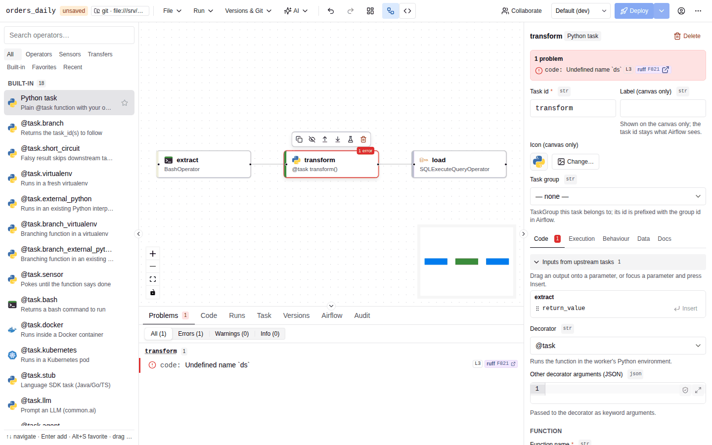 extract, transform and load connected left to right; transform is selected and shows 1 error, and the inspector lists the problem code: Undefined name ds