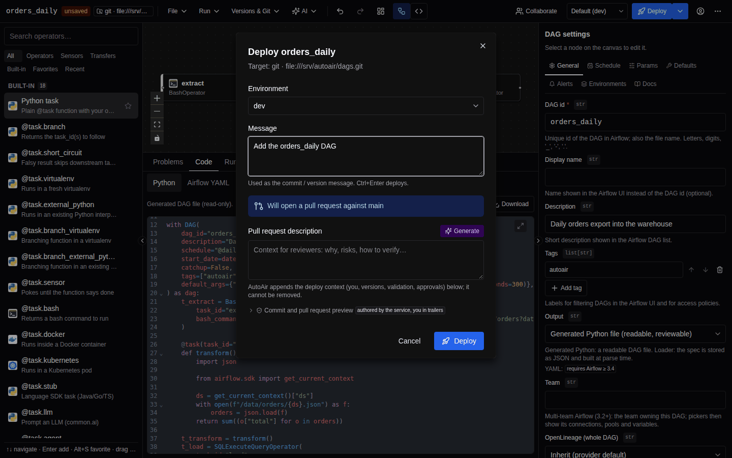 The Deploy orders_daily dialog with the target, environment and message fields and the Deploy button
