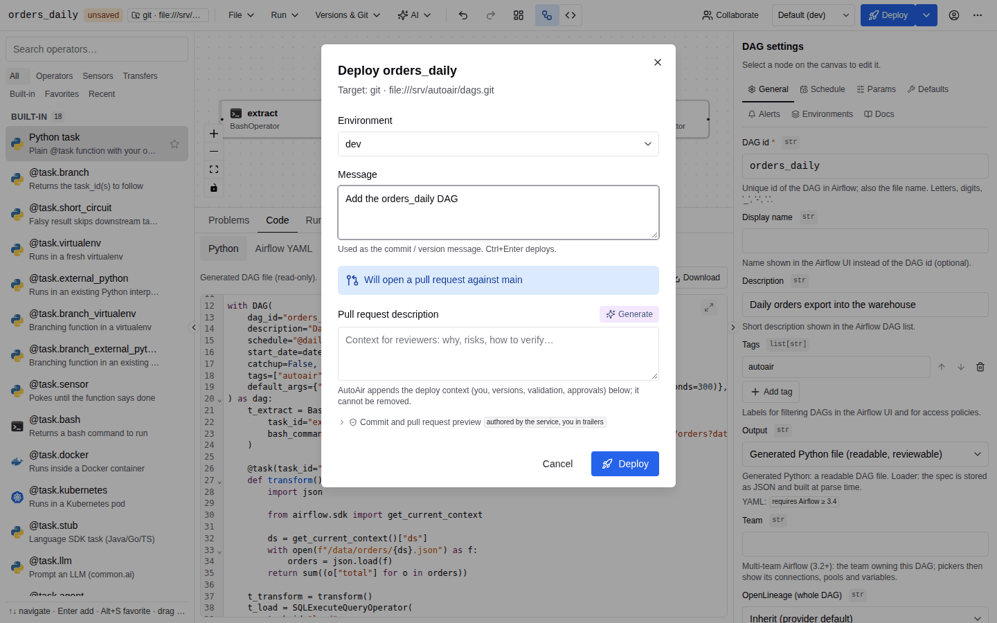 The Deploy orders_daily dialog with the target, environment and message fields and the Deploy button