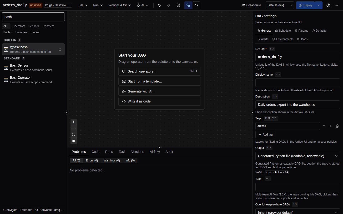 The palette filtered by the search term bash, listing BashOperator and the @task.bash decorator
