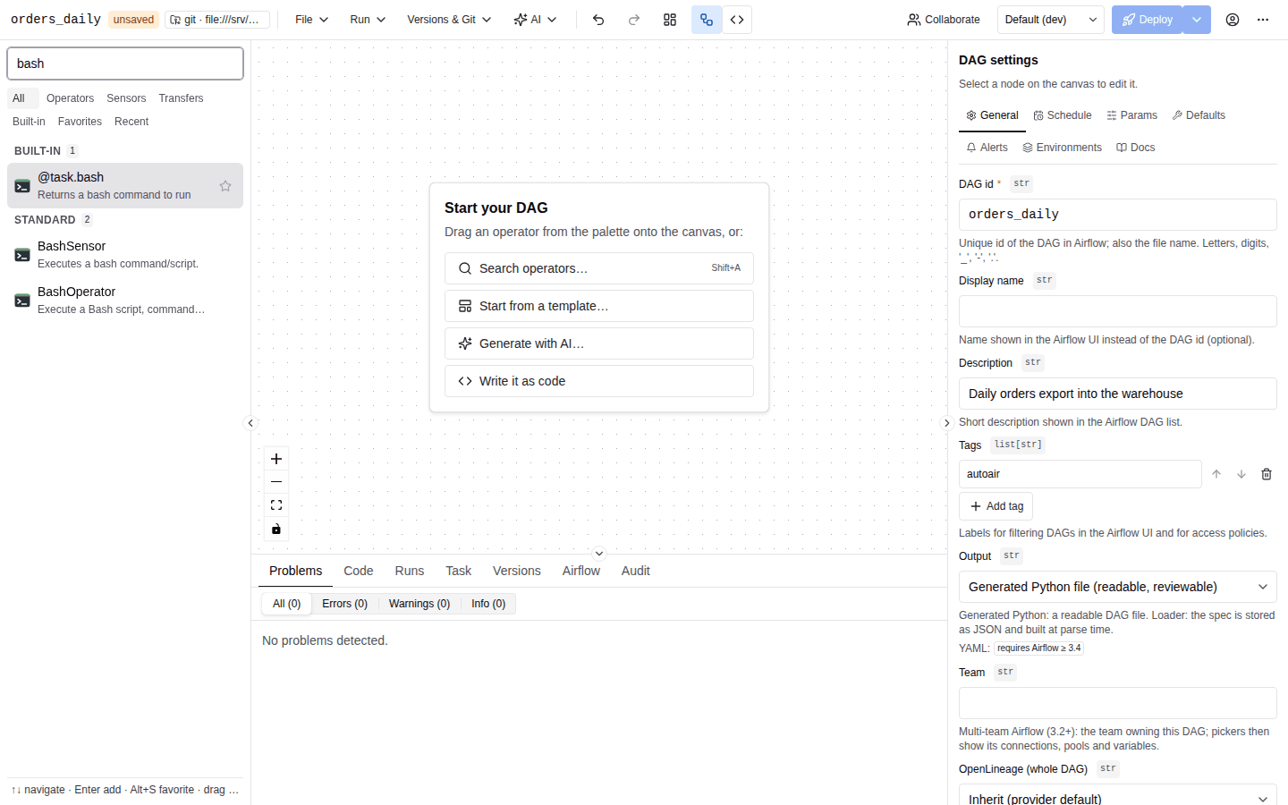 The palette filtered by the search term bash, listing BashOperator and the @task.bash decorator