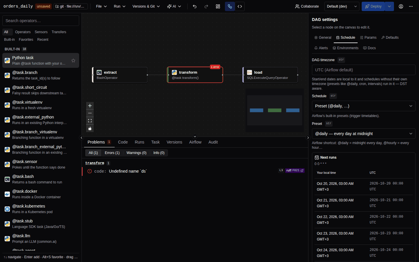 The Problems tab listing one error on transform: code: Undefined name ds, reported by ruff as F821