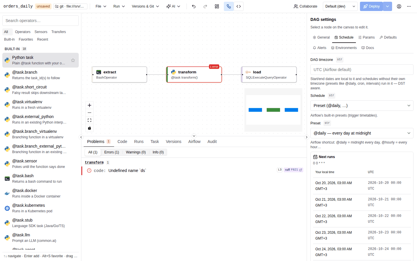 The Problems tab listing one error on transform: code: Undefined name ds, reported by ruff as F821