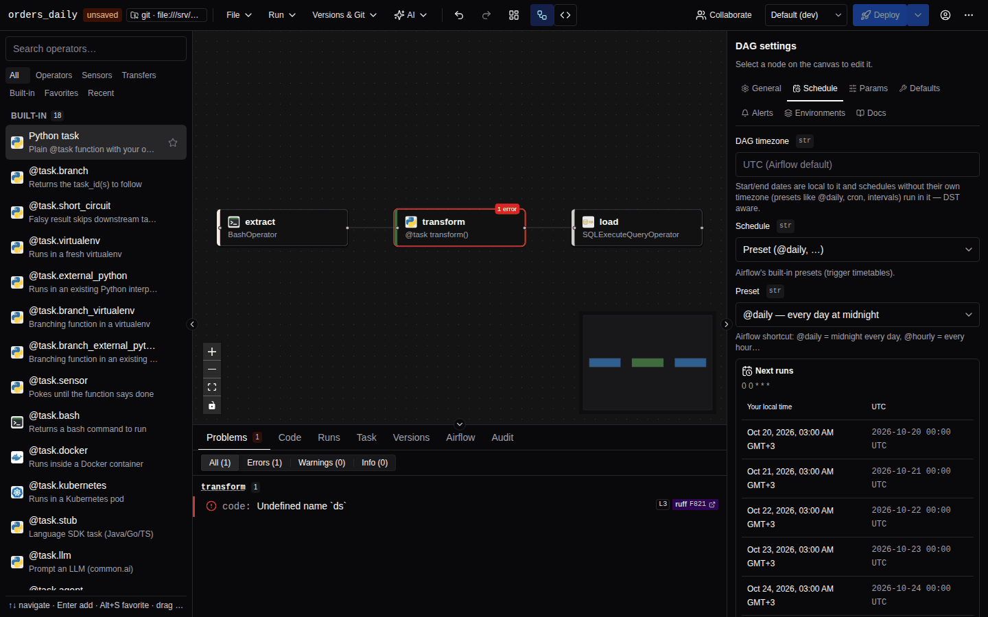 The Schedule tab of DAG settings with the @daily preset selected, start date, catchup switch, DAG timezone and the Next runs preview