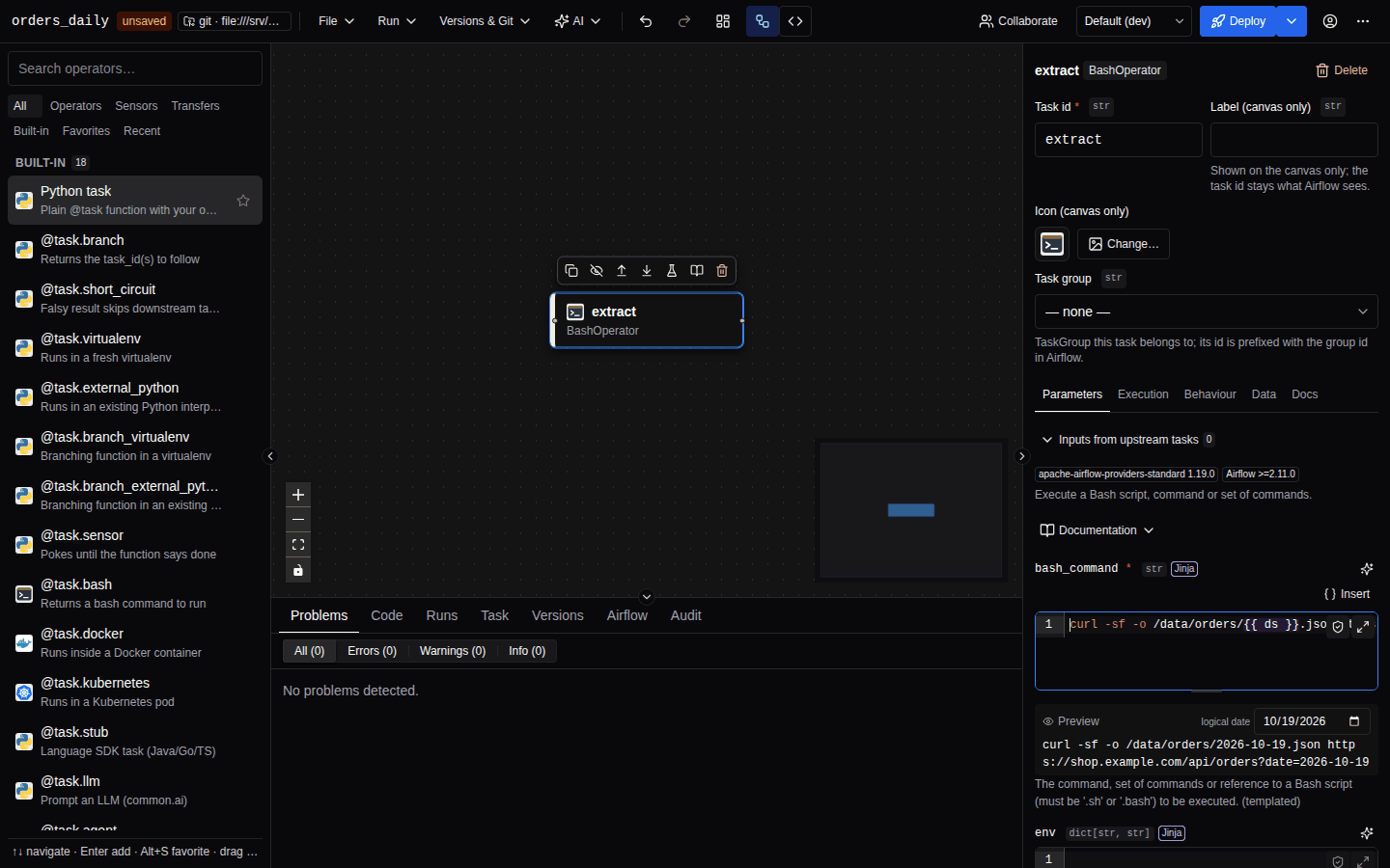 The extract BashOperator node on the canvas with the inspector showing its Task id and the bash_command template editor containing the curl command