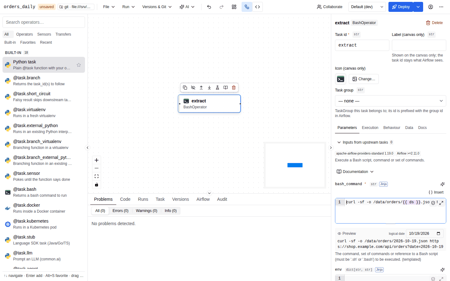 The extract BashOperator node on the canvas with the inspector showing its Task id and the bash_command template editor containing the curl command