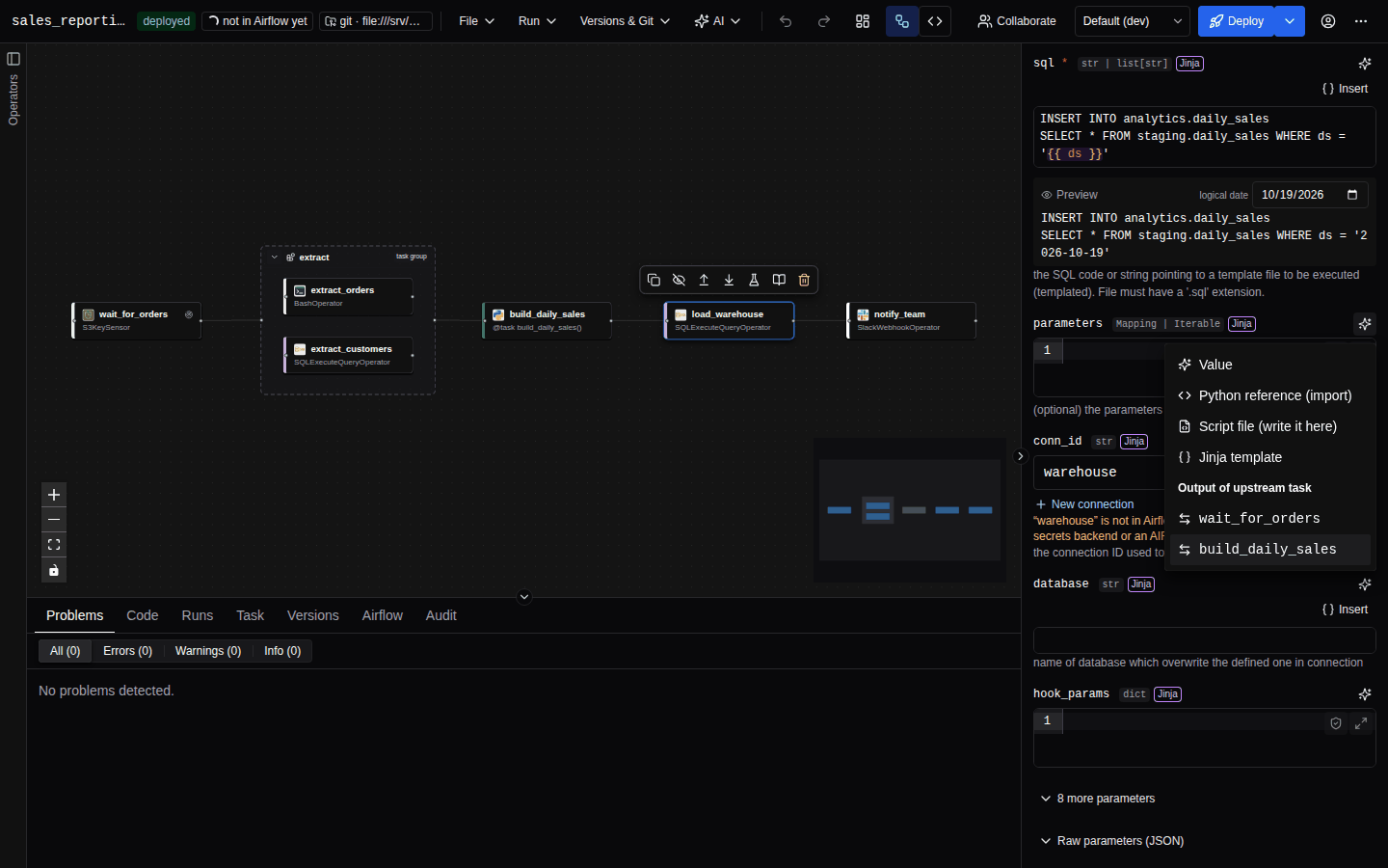 The Inputs from upstream tasks panel listing the outputs of two upstream tasks, and a parameter showing the chip output of extract[rows]